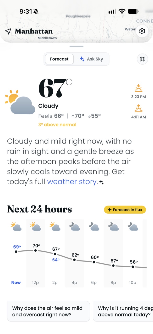 Why Weather showing current conditions, the day's weather story, and an hourly forecast
