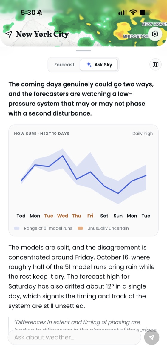 Sky explaining how sure the forecast is, with a chart of how the model runs split