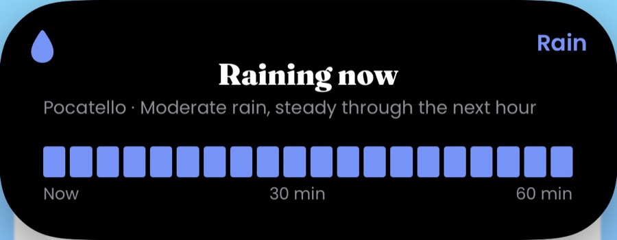 The expanded Live Activity: raining now, with the next hour of rain bars