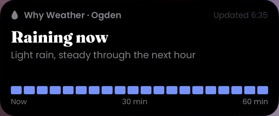 The lock screen Live Activity with the next hour of rain