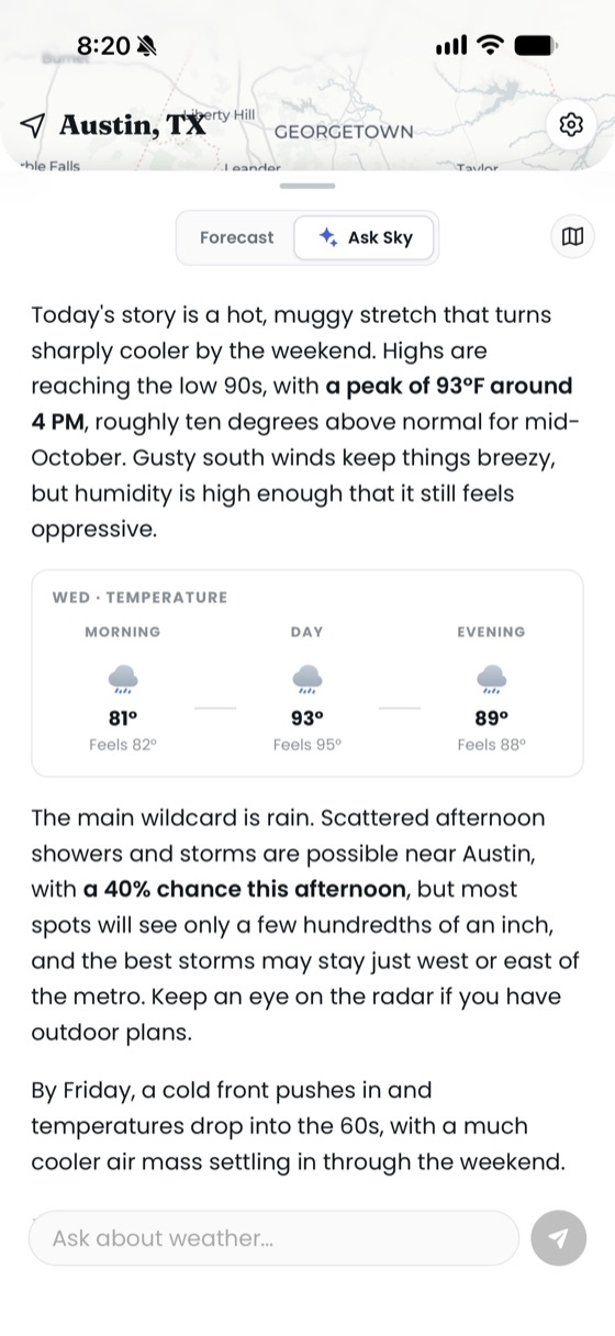 Sky's weather story for the day, with a morning, day, and evening temperature graphic