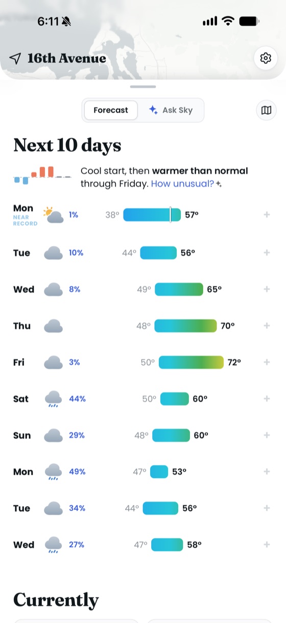 The next 10 days, with a sparkline showing how the week compares to normal